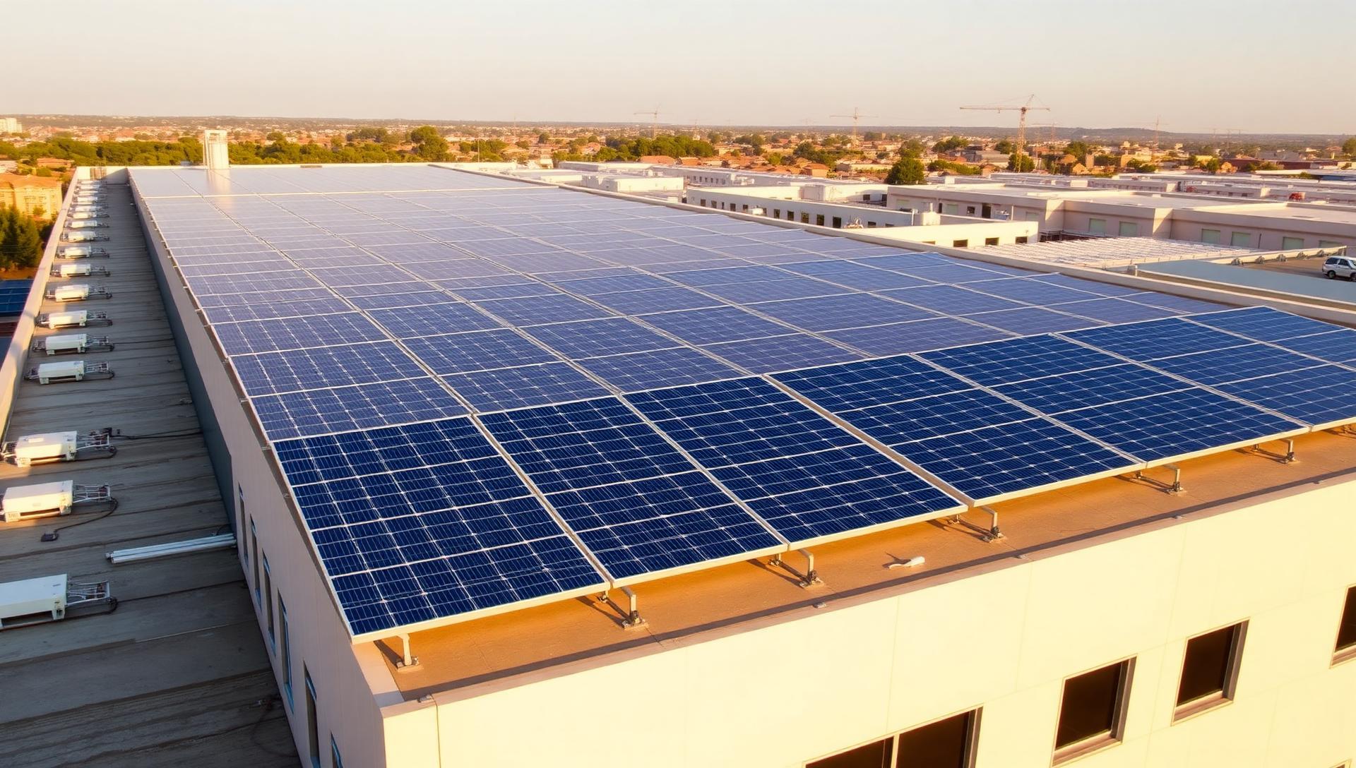 Solar panel array on a commercial rooftop